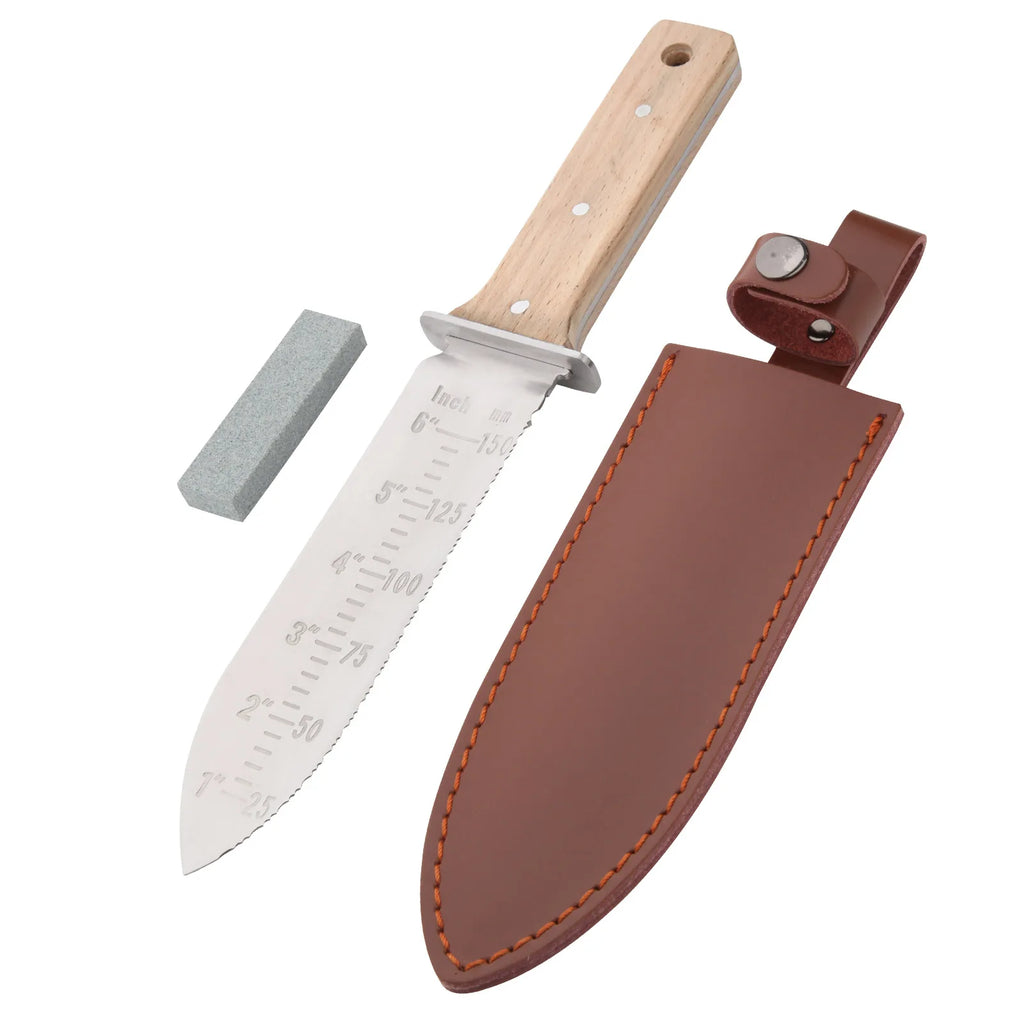 FEITA Hori Hori Garden Knife with Leather Sheath and Sharpening Stone, Garden Soil Knife Tools Gifts for Weeding, Digging