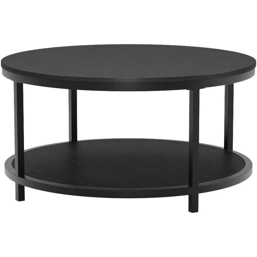 Round Coffee Table Black 35.8 Circle Coffee Tables for Living Room Rustic Industrial Design with Sturdy Metal Frame Legs and Op