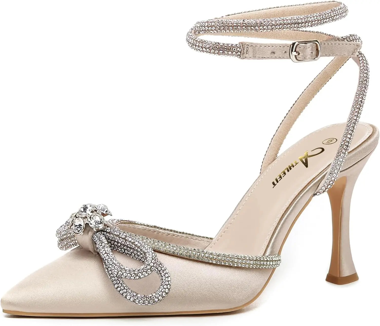 Women's Rhinestone Bow Heels Ankle Strap Pointed Toe Stiletto Heeled Sandals Wedding Bridal Dress Pumps Shoes