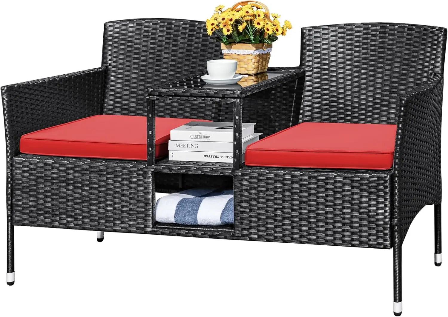 Outdoor Patio Loveseat Modern Rattan 2-Seat Patio Conversation Set with Cushions & Built-in Coffee Table Porch Furniture for Gar