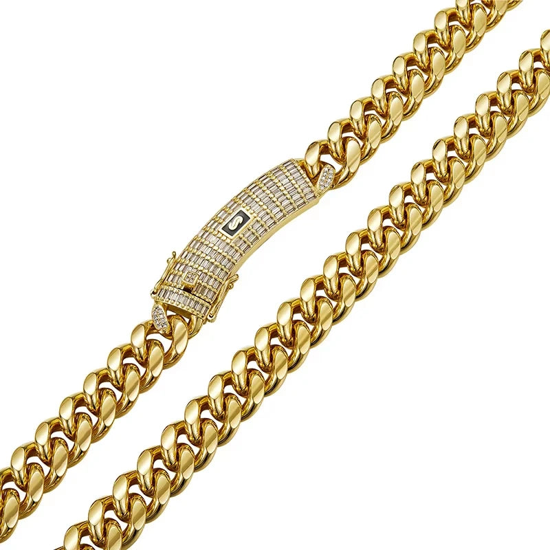 6-14mm Gold Color Stainless Steel Cuban Miami Chains Necklaces CZ Zircon Box Lock Link Chain for Unisex Hip Hop Rapper Jewelry
