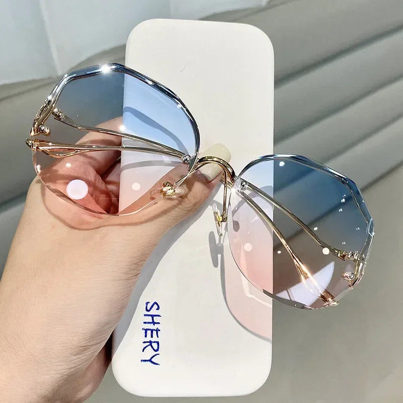 Irregular Round Sunglases Women Brand Designer Gradient Fashion Sun Glasses Female Rimless Metal Curved Temples Oculos De Sol