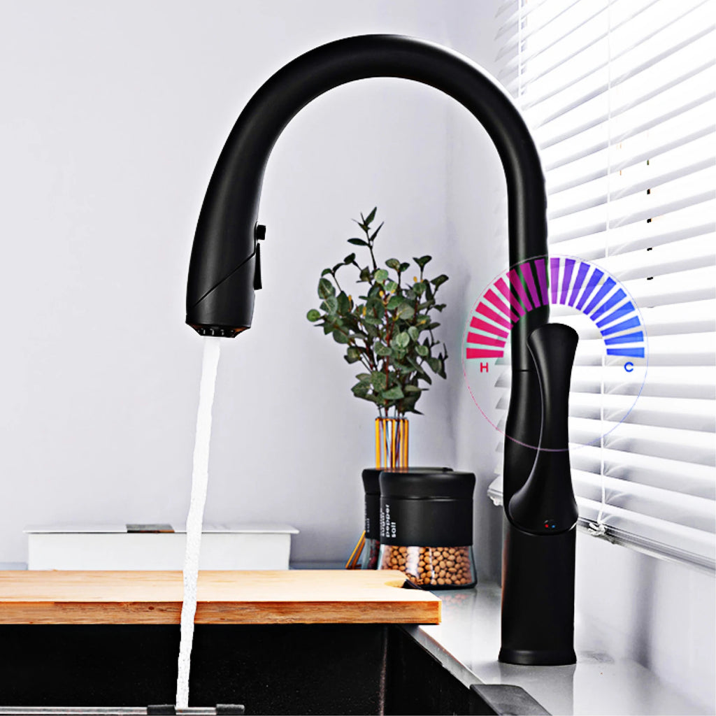 High end touch black kitchen faucet brass pull out design three function single handle cold and hot dual control sink faucet