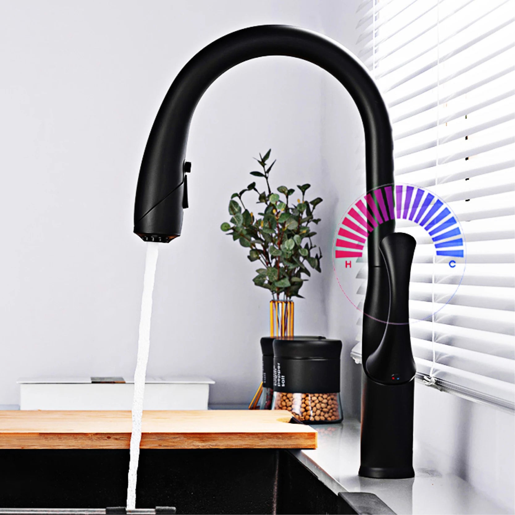 High end touch black kitchen faucet brass pull out design three function single handle cold and hot dual control sink faucet