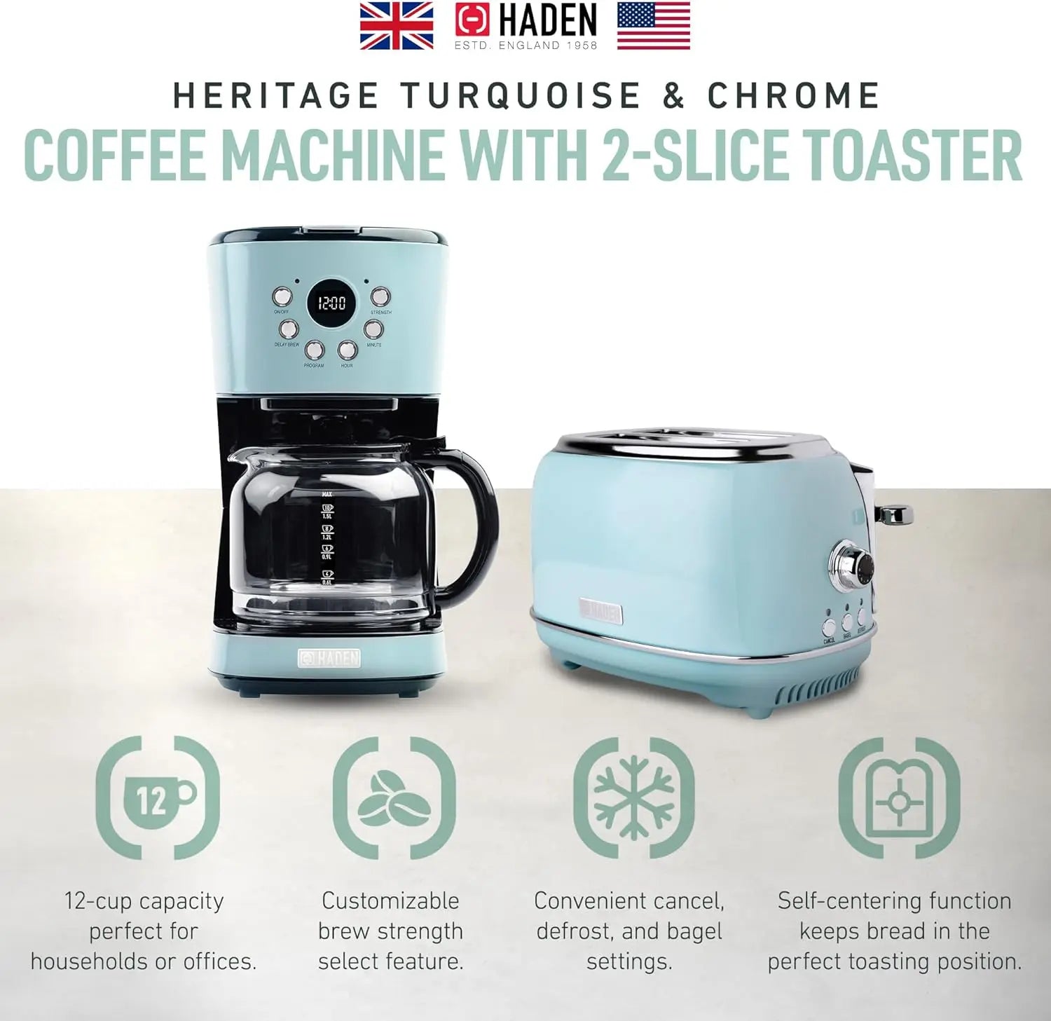 Vintage Programmable Coffee Maker Set with Retro 2-Slice Toaster Stainless Steel 12 Cup Capacity 1.75L/12Cup Kitchen Appliances