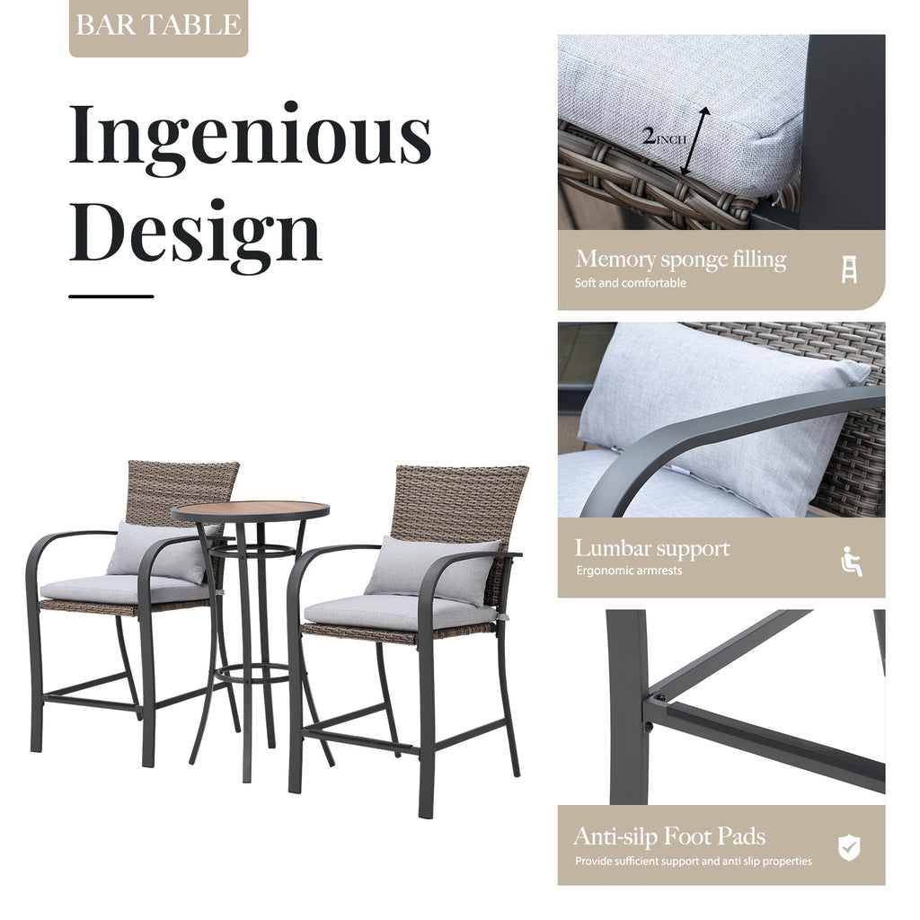 NAGA BAHNA 2pcs Patio Bar Chair with Soft Cushion, Rattan Wicker Outdoor Furniture Set for Backyards, Lawn, Deck, Poolside