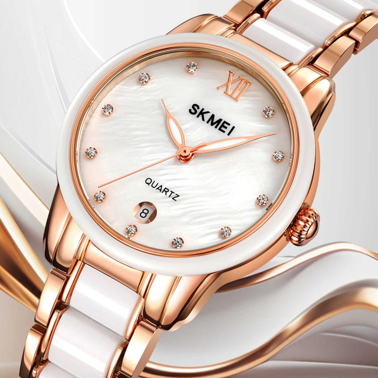 Women Quartz Watch Rhinestone Decoration Ceramic Stainless Steel Band Water Resistant Portable Wrist Watch with Date Rose Gold