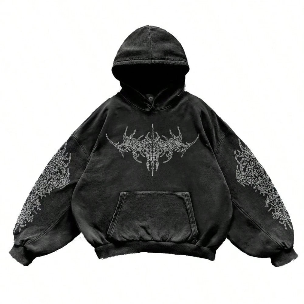 Men's Washed Pattern Printed Hooded Sweatshirt High Street Harajuku Hoodie