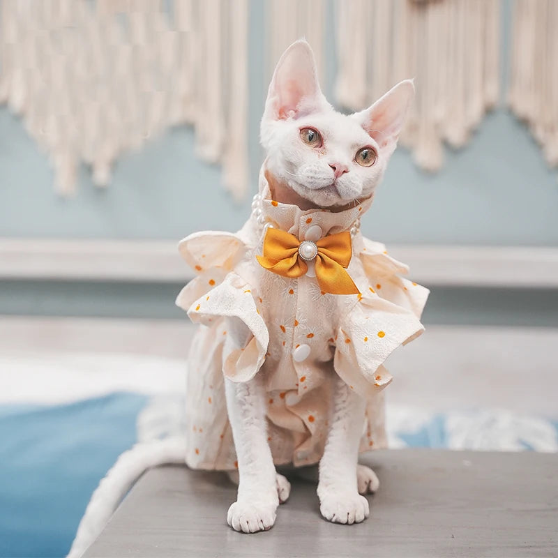 Luxury Lotus Cat Dress with Bow-tie Sphynx Cat Devon Rex Conis Cat Costume Kitten Outfits Sphynx Cat Dress Hairless Cat Clothing