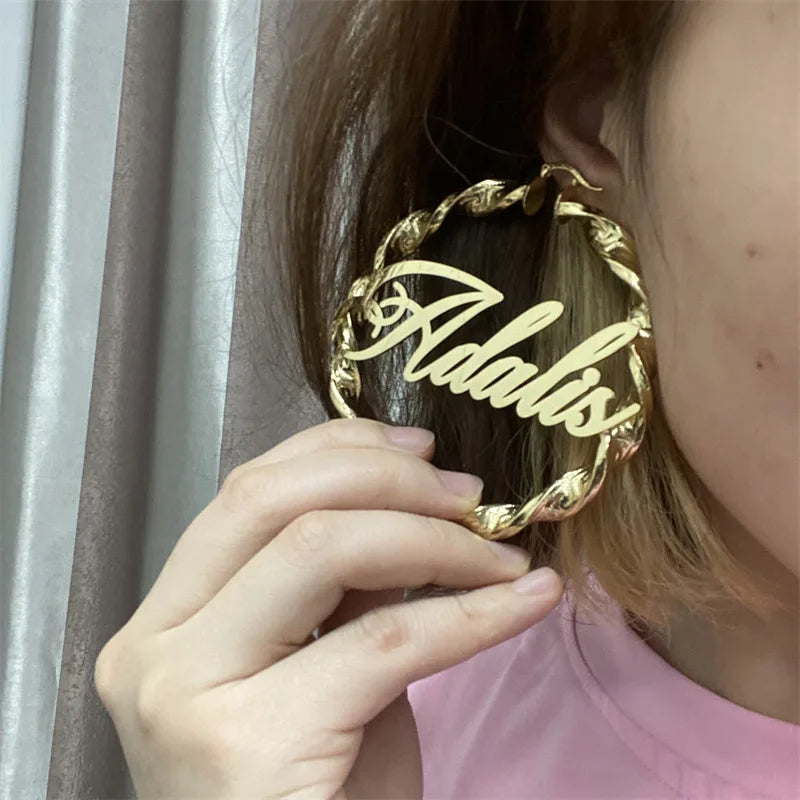 Lateefah 70MM Custom English Name Great Wall Thread Hip Hop Exaggerated Large Ear Loop DIY Letter Earrings Jewelry