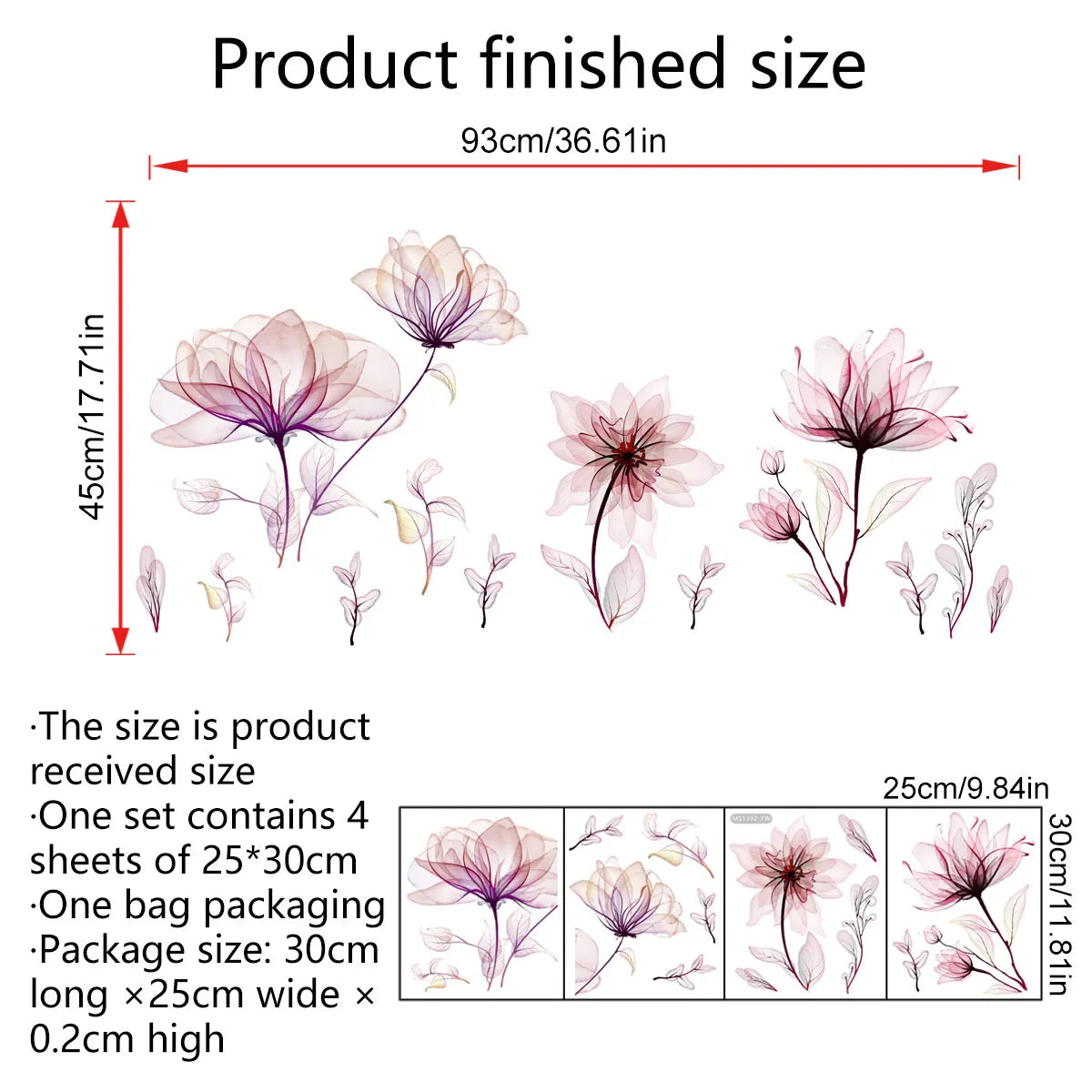 Pink Flowers Wall Stickers for Living Room Bedroom Background Wall Decor Girls's Room Home Decorative Stickers Wall Decals Mural