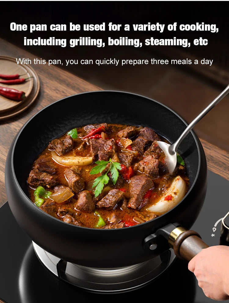 Big Belly Pot Household Hand Hammered Traditional Deepened Non-stick Iron Pot Multipurpose Uncoated Small Frying Pan with Lid