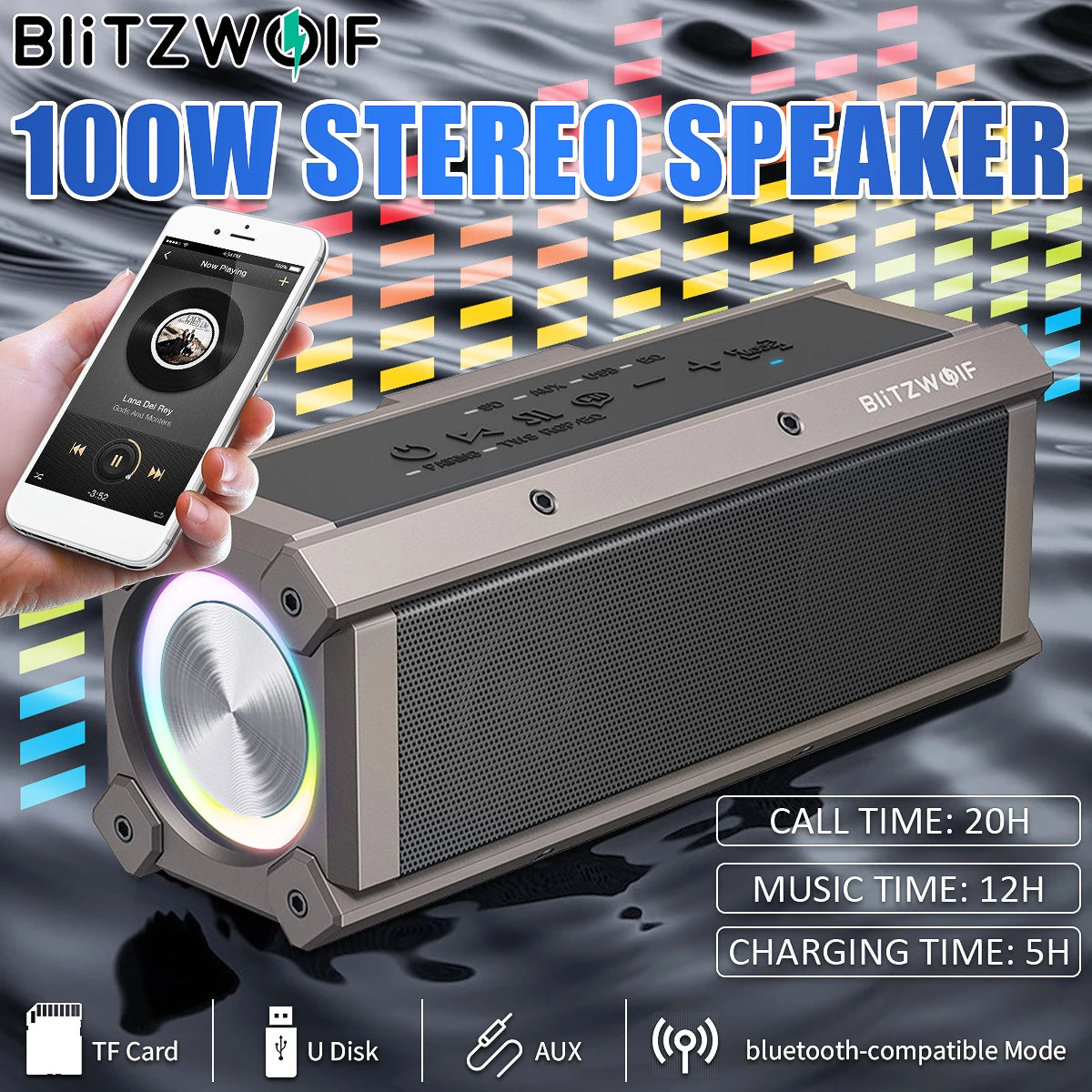 BlitzWolf BW-WA3 100W bluetooth Speaker Quad Drivers Dual Diaphragm Deep Bass RGB Light TWS 5000mAh IPX5 Waterproof Speakers