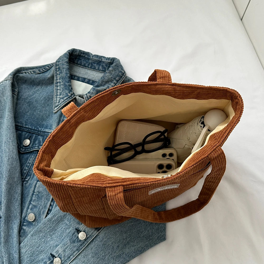 Women Large Capacity Shoulder Bags with Pockets Compartments Cord Tote Bag Solid Hobos Bag for School Work Shopping