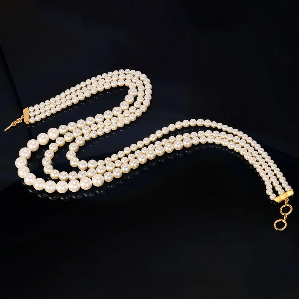 18K Gold Plated Multi-Layered Imitation Pearl Long Sweater Chain Necklace for Women Vintage Body Chain Party Wear Accessories
