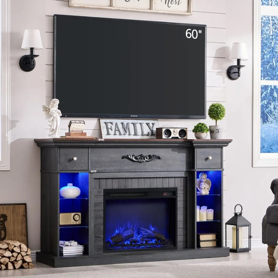 Electric Fireplace TV Stand Designed for 65 Inch TVs with Farmhouse Style LED Entertainment Center Featuring 7 Colors Changing