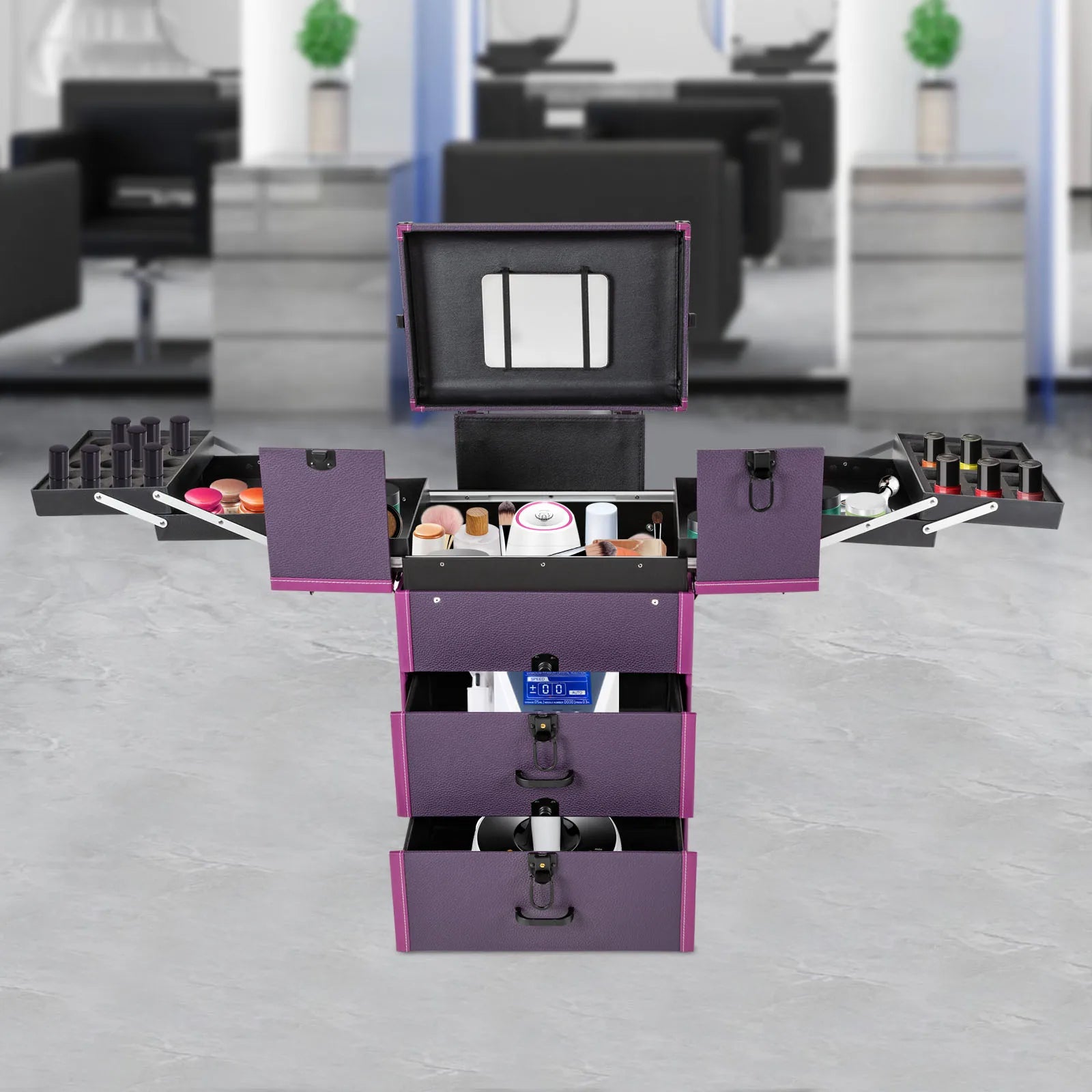 Rolling Makeup Case Lockable Portable Cosmetic Organizer Trolley Large Make up Cosmetic Organizer L14.6*D9.45*H26in (Purple)