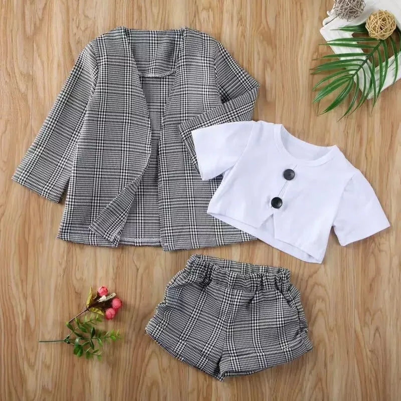 Baby Girls Clothes Sets Infant Toddler White Top T-Shirt+Grey Checkered Suit+Short 3PCS Costumes For Girls 2025 Girls Outfit Set