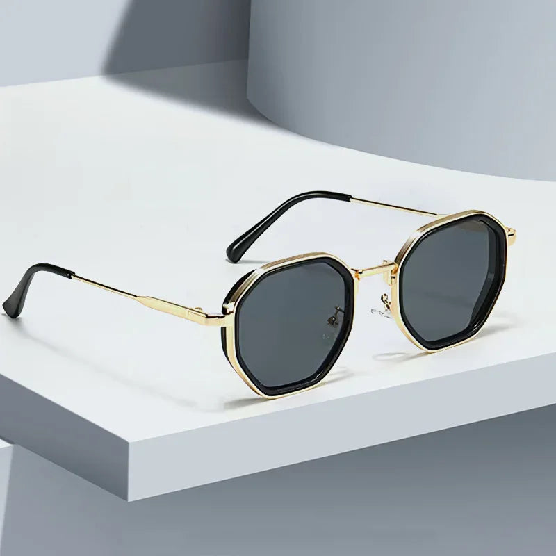 2025 New in Vintage Sunglasses for Women Modern Fashionable Octagonal Glasses with Black Lenses Golden Edging Sun Glasses