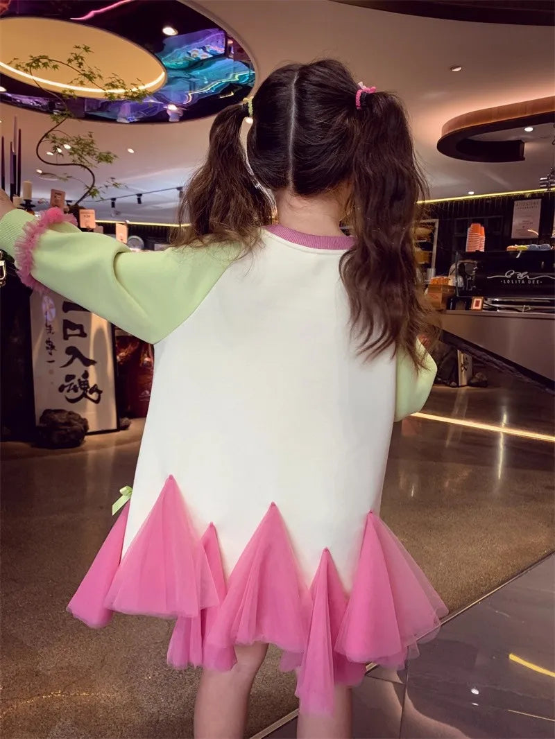 Girl's Fall/Winter Sweatshirt Long Sleeve Princess Elsa Snow White Cartoon Print Tulle Skirt Casual Hoodie Dress 2-12 Years Old