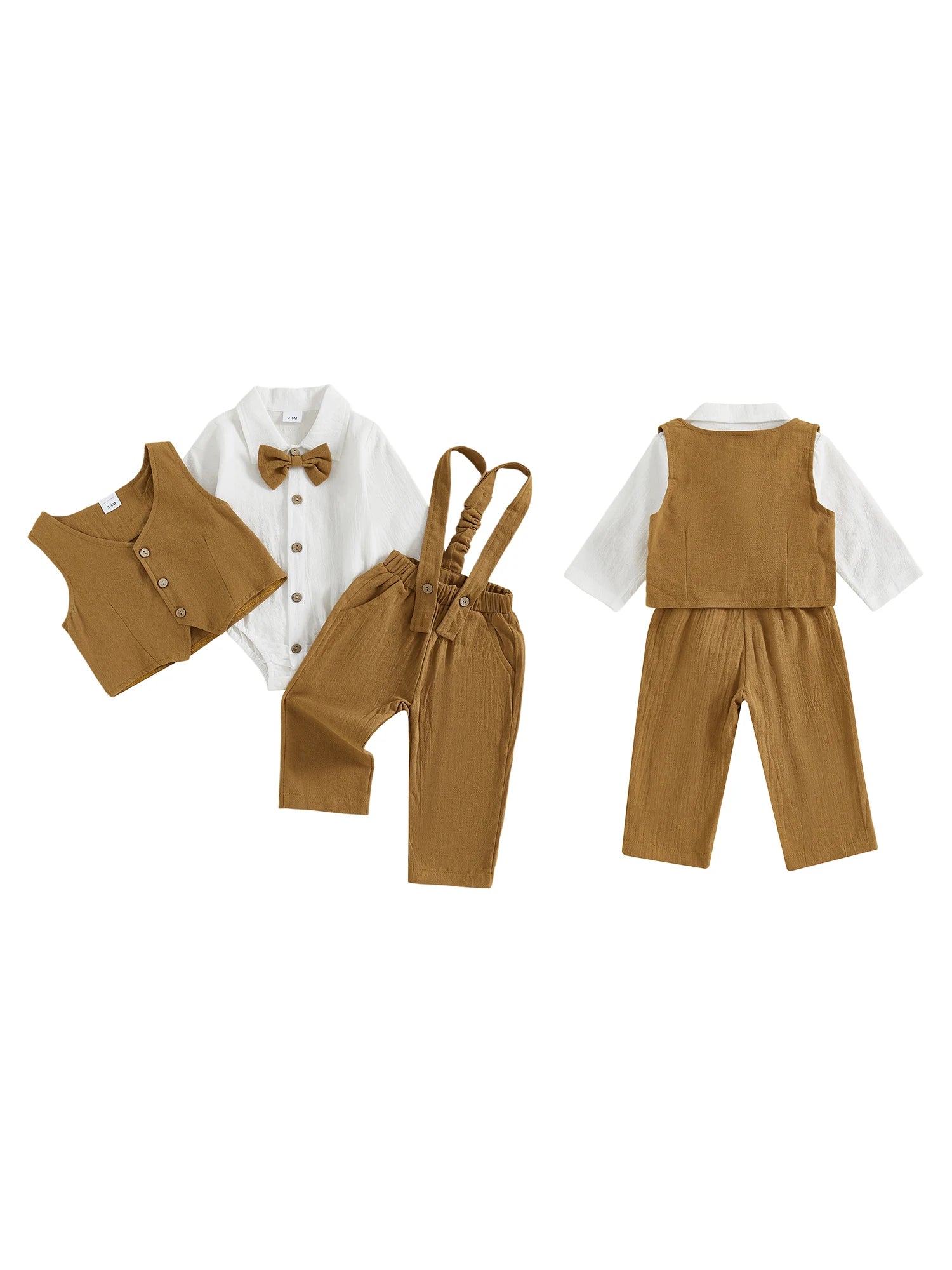 Toddler Boys Winter 4Pcs Outfit Set Long Sleeve Lapel Button Shirt Vest Suspender Pants Bowtie Sets Warm Clothes