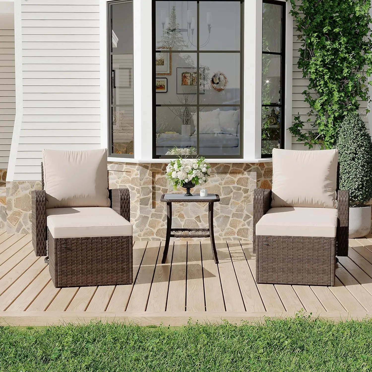 5 Piece Outdoor Patio Furniture Set-360 Wicker Swivel Chairs Set of 2 w/ 2 Ottoman, Coffee Table & Cushions Patio Bistro Set for