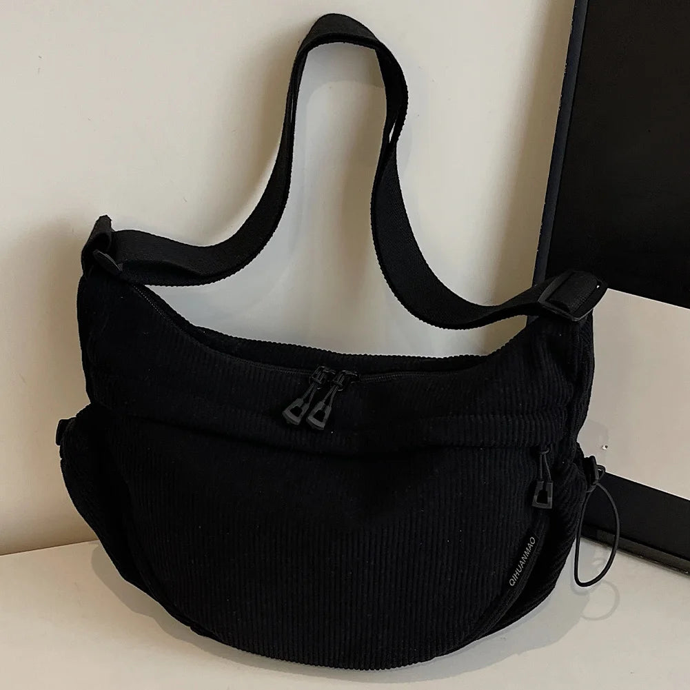 Corduroy Stylish Dumpling Bag Large Capacity Fashion Shoulder Bag Adjustable Strap Crescent Crossbody Bag Trendy Carrying Bag