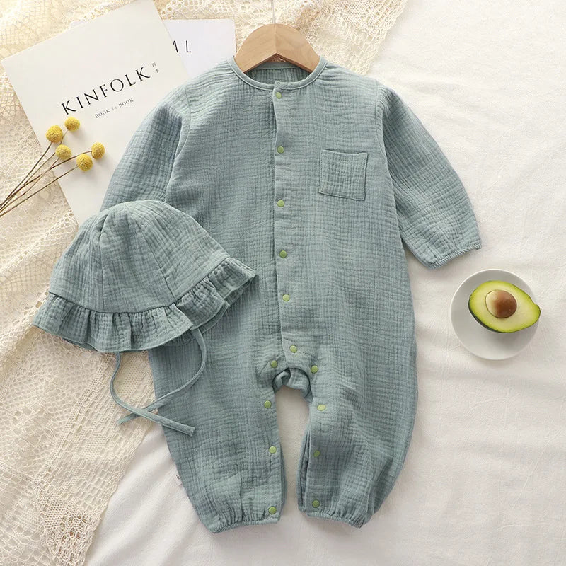 Baby Boys Girls Clothes Newborn Jumpsuit + Hats Infant Muslin Cotton Long Sleeve Romper 0-24 Month