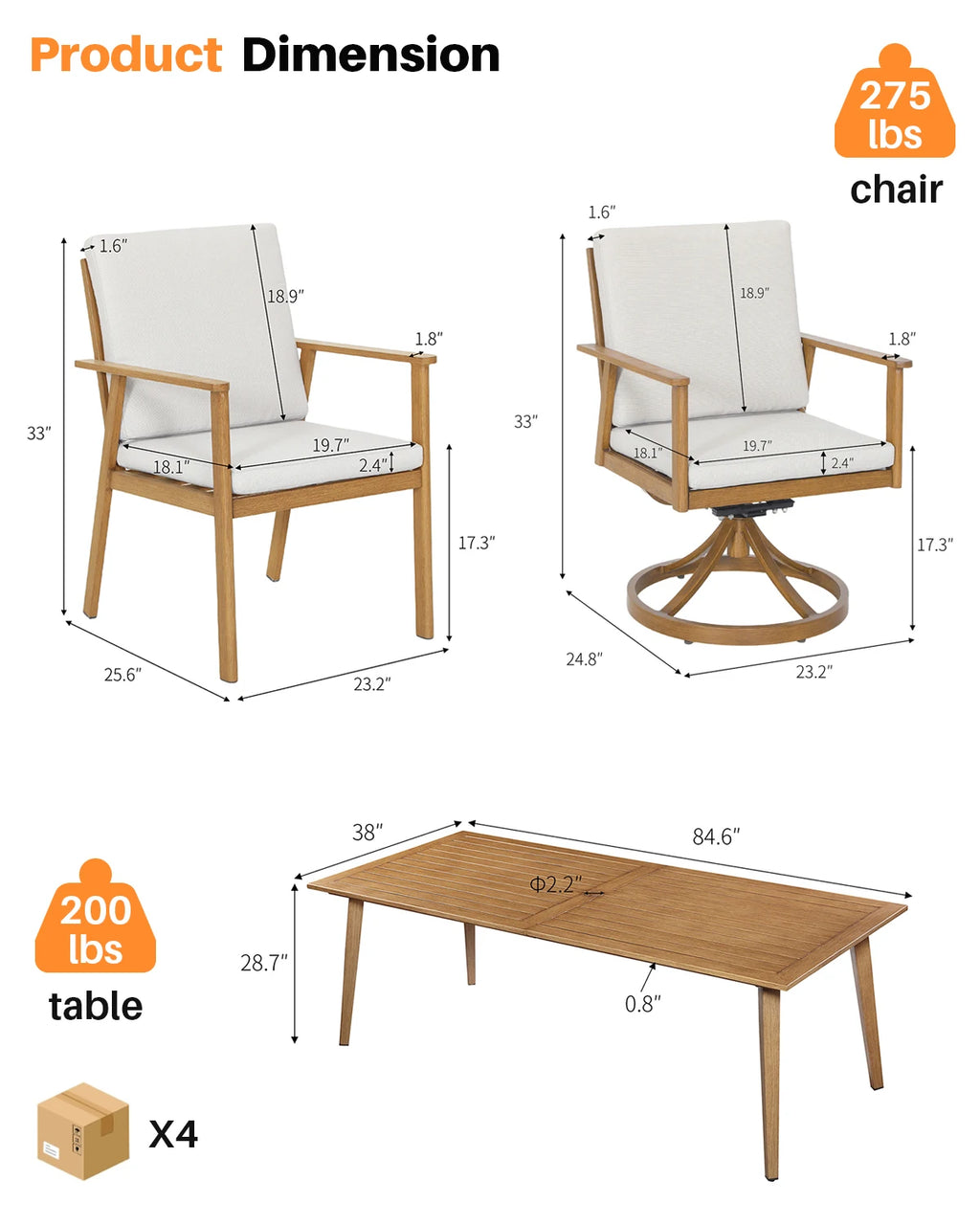 Seehill 9 Pieces Patio Furniture Outdoor Set, Outdoor Aluminum Outdoor Dining Table Set With 2 Swivel Chairs For Deck, Teak
