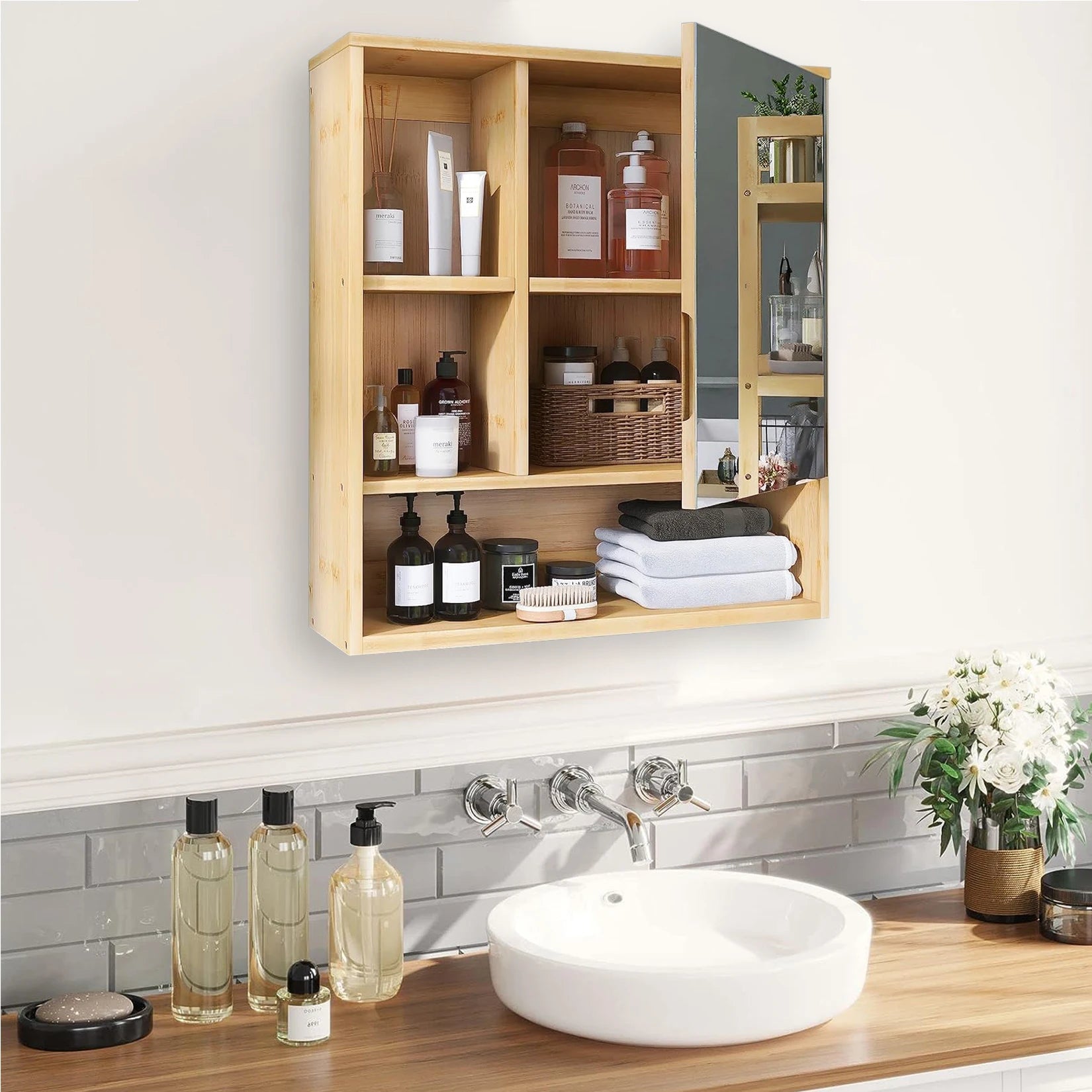 Medicine Cabinet with Mirror: Natural Bamboo Bathroom Vanity Mirror Cabinet Wall Mounted Cupboard with Storage Shelves for Bedro
