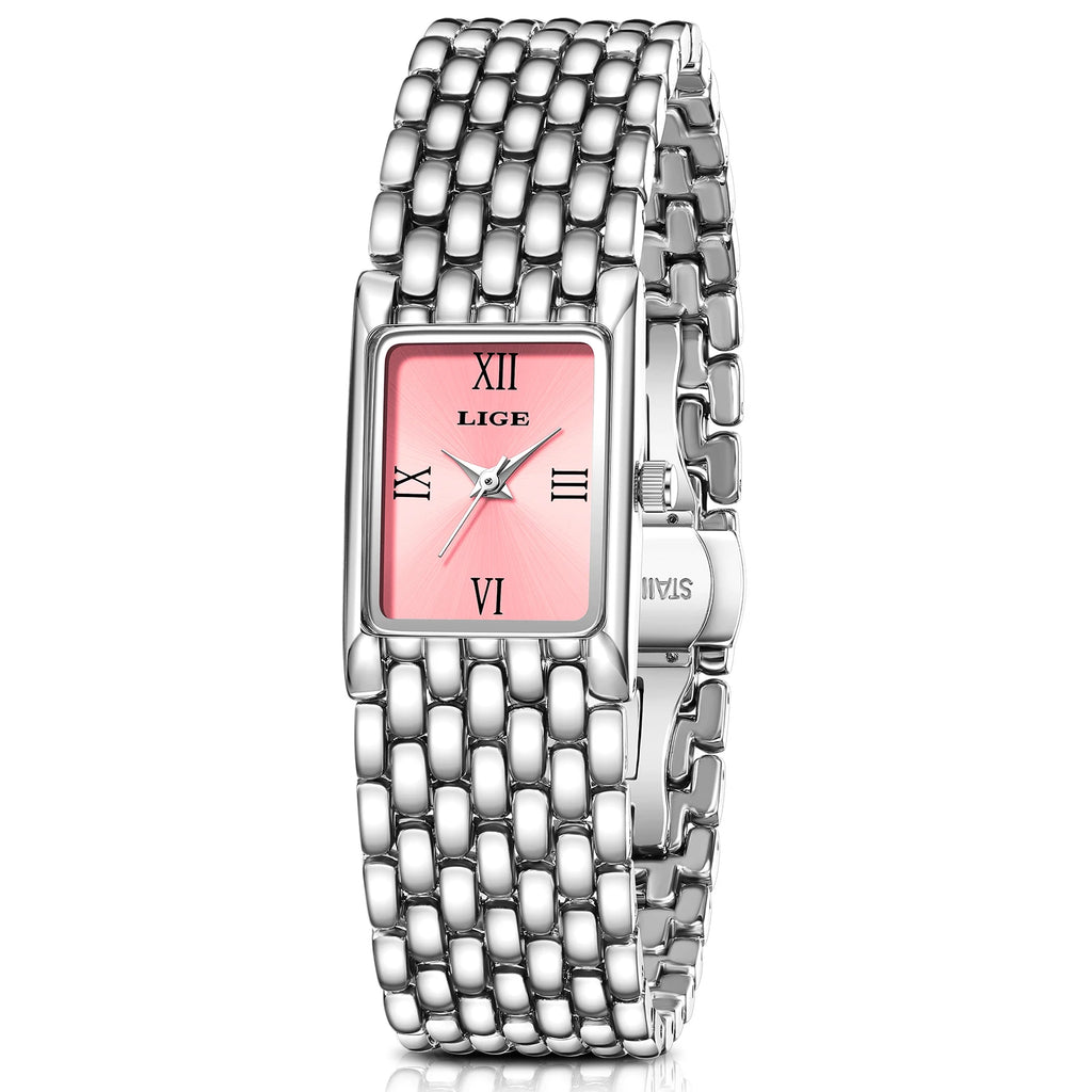 LIGE Luxury Women Watches Fashion Rectangle Woman Quartz Watch Stainless Steel Band Wristwatches Reloj Mujer+Box