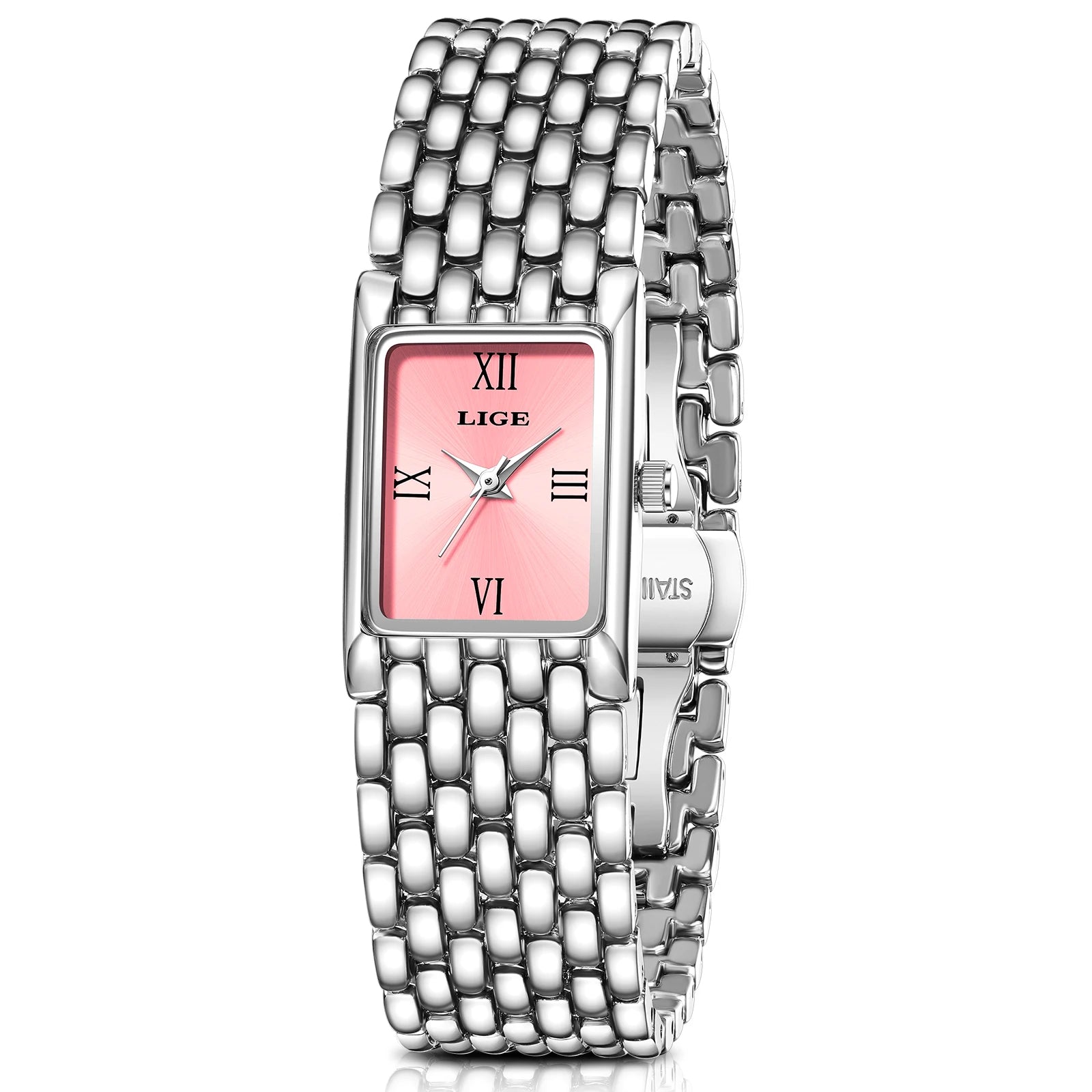 LIGE Luxury Women Watches Fashion Rectangle Woman Quartz Watch Stainless Steel Band Wristwatches Reloj Mujer+Box