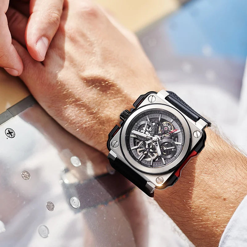 FEICE FM507 Men’s Automatic Skeleton Watch Mechanica Mens Wristwatch Square Sport Luminous Watches 10ATM Waterproof Watches