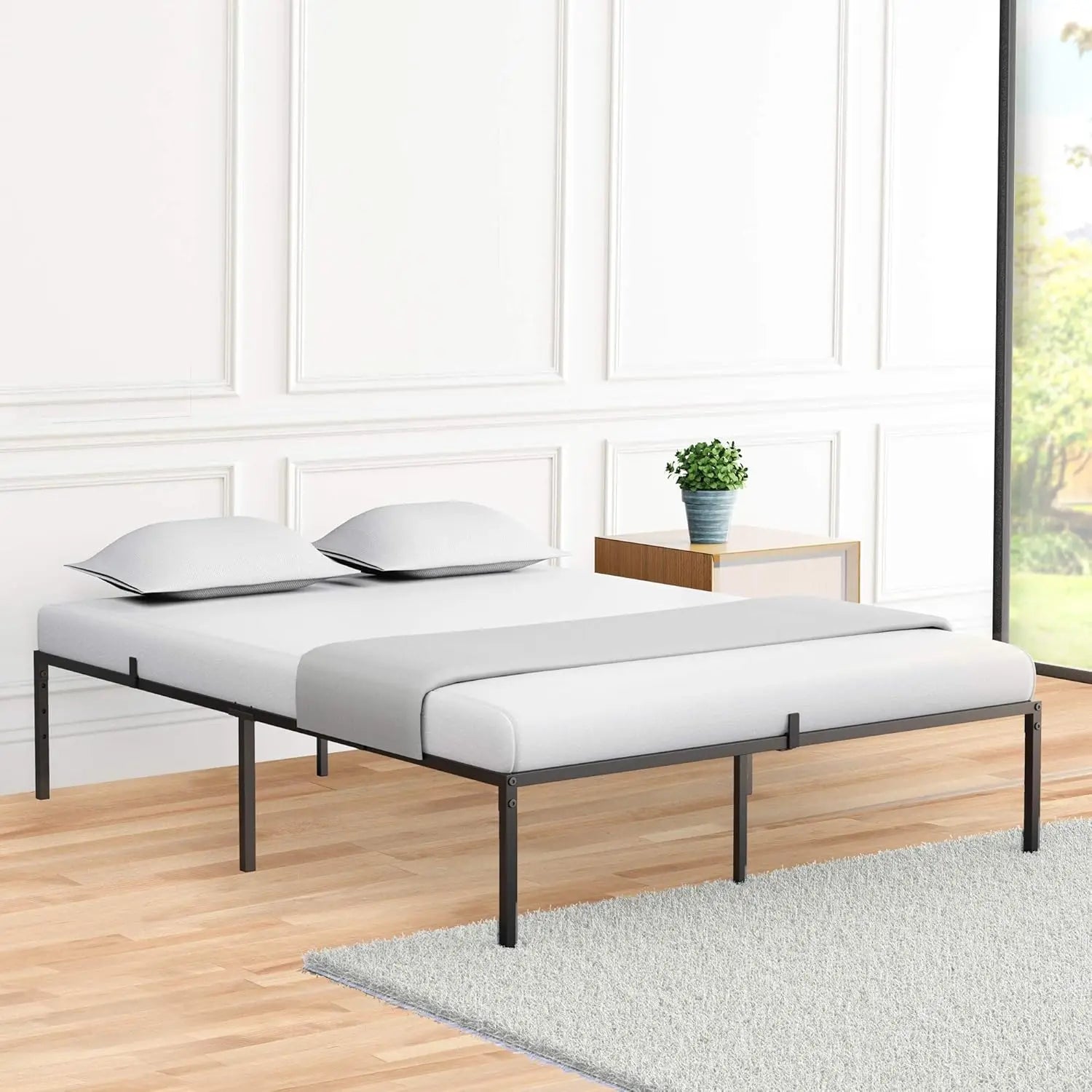 Twin/Full/Queen Size Modern Metal Bed Frame No Box Spring Needed Reinforced Steel Structure with Heavy Duty Metal Slats