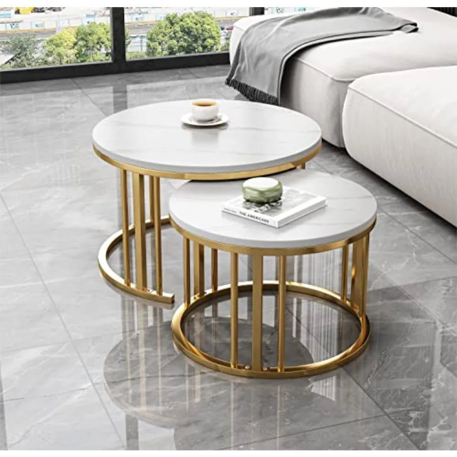 Round Nesting Coffee Table Set of 2 Modern Cocktail Table with Metal Frame for Living Room Small Spaces White and Gold Desktop