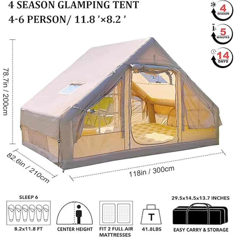9.8' x 7' Inflatable Camping Tent,4 Season Blow up Tents for Camping, 4-6 Person Inflatable Tent with Jack Stove