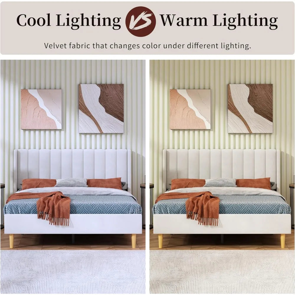 full size bed frame, velvet upholstered platform bed with vertical channel tufted wingback headboard, wooden slats support, no b