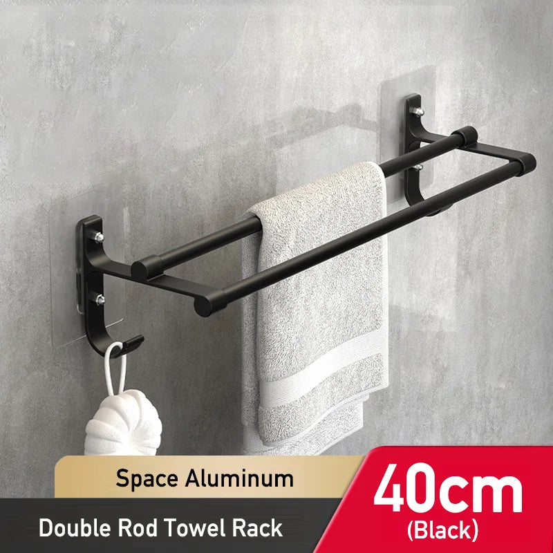 Bathroom Hand Towel Rack Towel Holder Wall Mount No Drill Mount 40/50cm Towel Bar Shelf Aluminum Double Rod 2 Tier Towel Rail