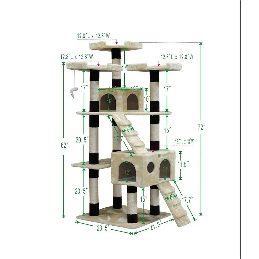72 Tall Cat Tree Tower with Multiple Cat Condos for Indoor Cats Large Interactive Play Scratch Hide and Climb Activity Furnitur