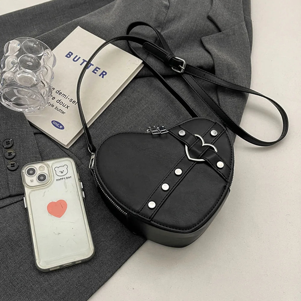 Women Heart Crossbody Bags PU Leather Simple Satchel Bag Solid Color Adjustable Strap Girls Dating Bag