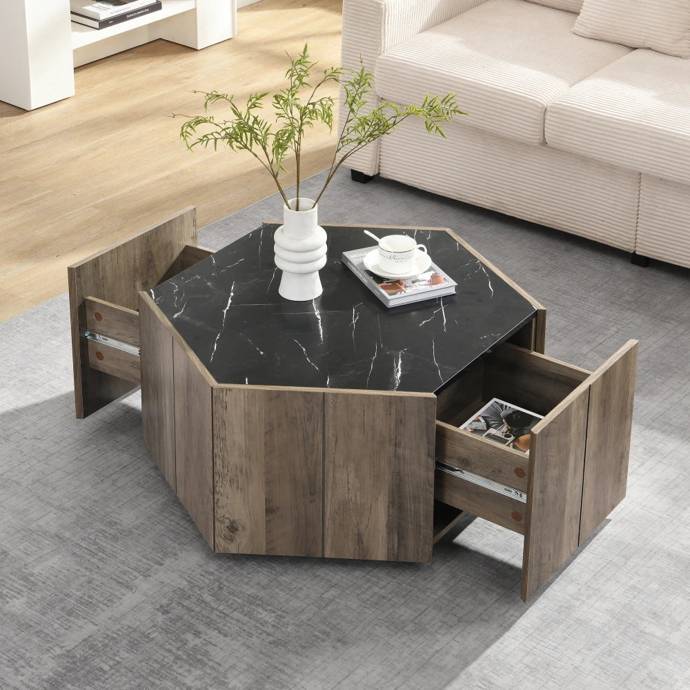 Hexagonal Rustic Retro Wood Coffee Table, with 2 Hidden Drawers, Textured Black Marble Tops, Light Brown Oak Finish,tea Table
