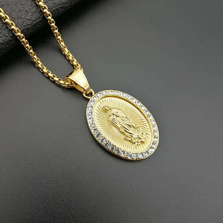 Virgin Mary Prayer Pendant Necklaces Gold color 316L Stainless Steel with rhinestone Women/Men Jewelry