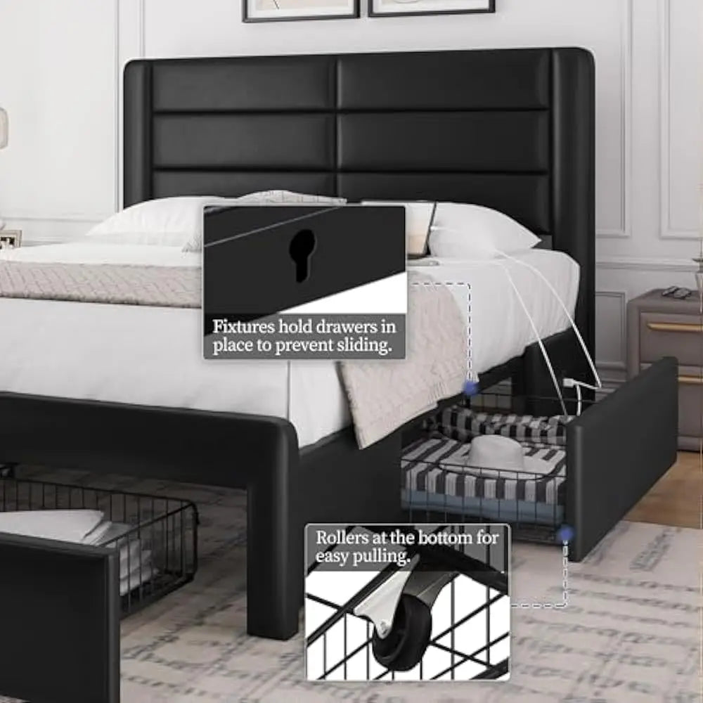 Queen Size Bed Frame with 2 USB Charging Station/Port for Type A&Type C/3 Storage Drawers with Headboard/No Box Spring Needed