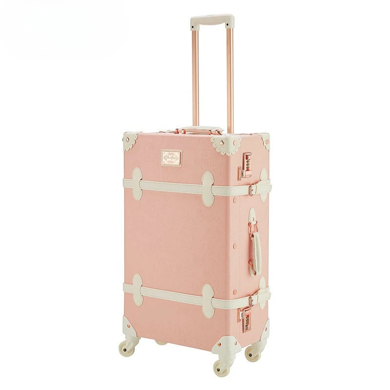 Vintage Style Luggage Carry On Trolley Suitcase With 360° Wheels For Women Men In Pink 20 22 24 26 Inch Cute Retro Travel Bag