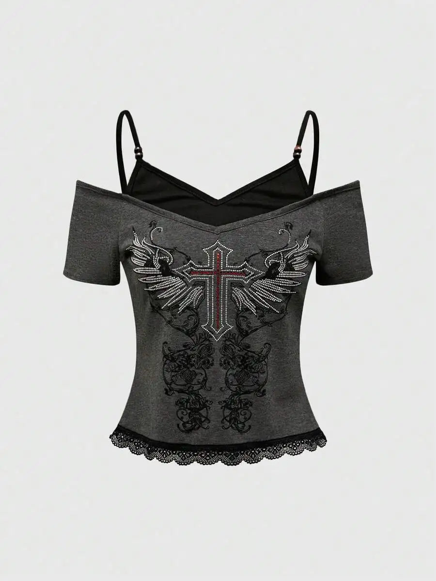 Vintage Fake two items Graphic Women Harajuku Y2k Aesthetic 2000s Oversized Sexy Off Shoulder Short Sleeve T-shirts Grunge