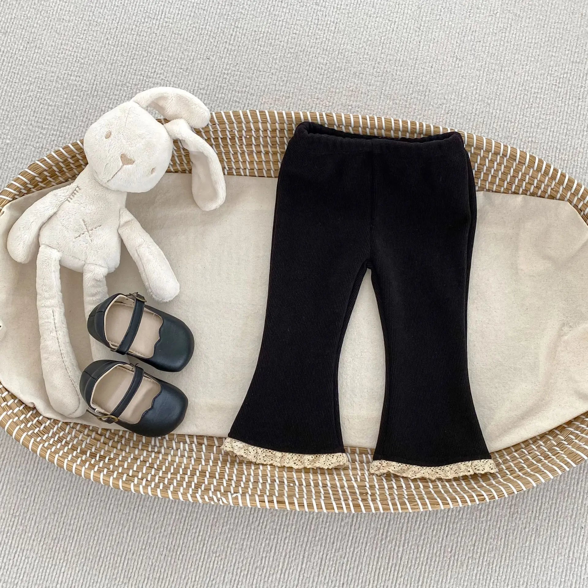 2025 Autumn Collection Girls' Velvet Bellbottom Pants with Western Style Lace Pants, Versatile Warm Baby Girls' Casual Pants