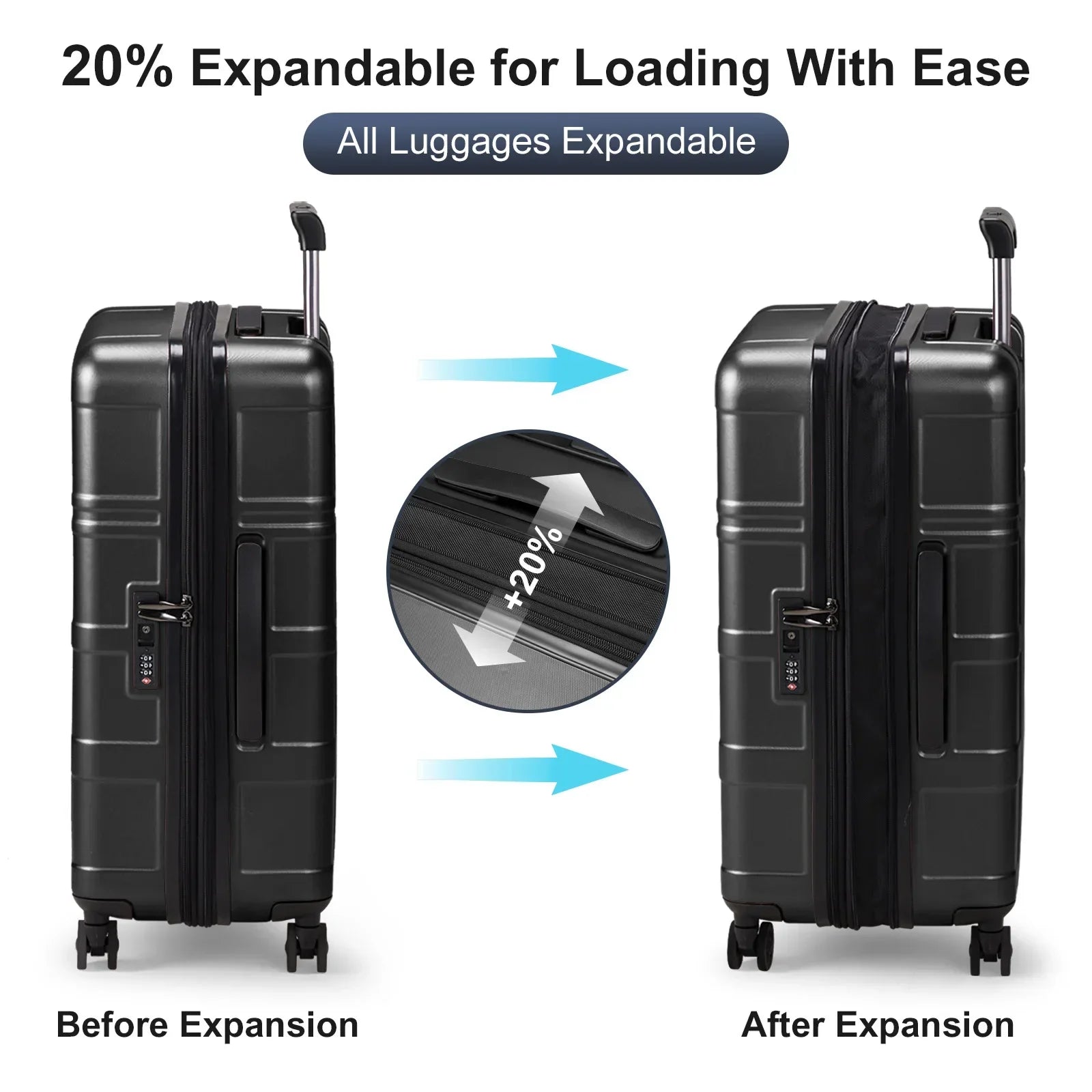 Luggage Expandable Suitcase, PC+ABS 3 Piece Set with TSA Lock Spinner, 360° Silent Spinner Wheels, Side Bumper Feet