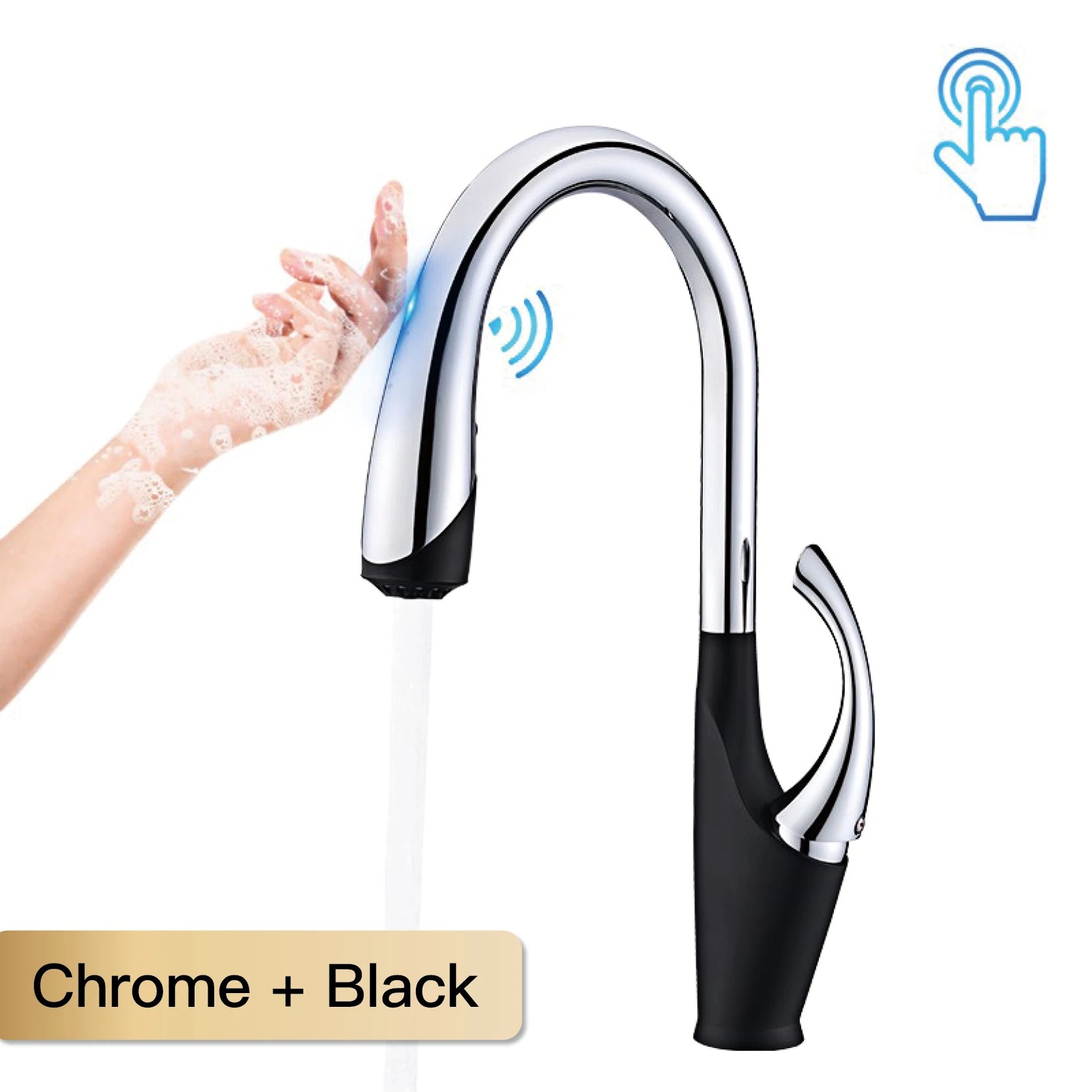 High end touch black kitchen faucet brass pull out design three function single handle cold and hot dual control sink faucet