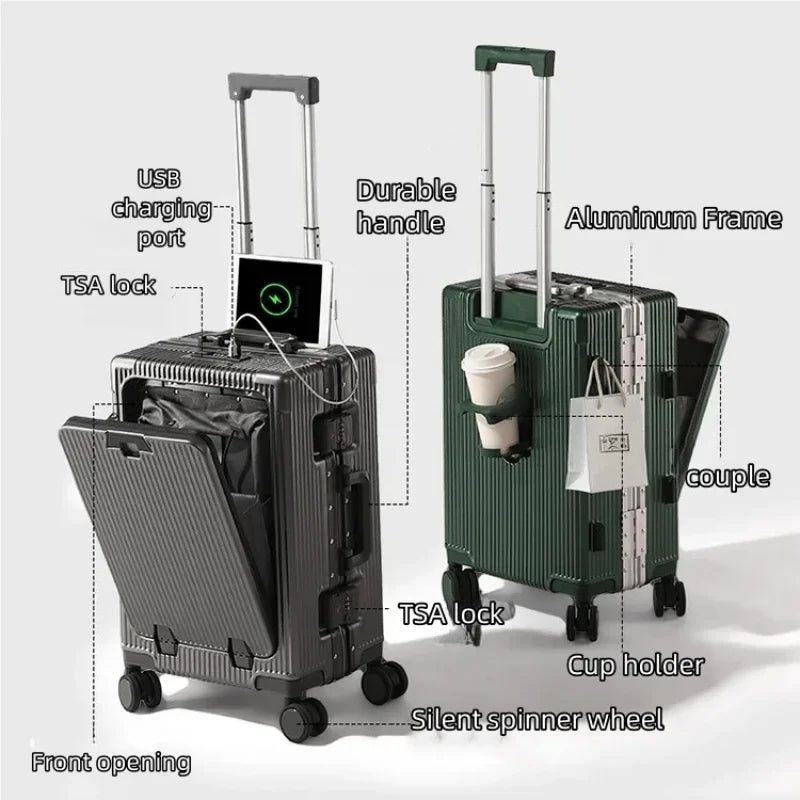 Aluminum Alloy Frame Suitcase Front Opening Pocket with USB Charging Plug Rolling Luggage Trolley Case Bag with Spinner Wheel