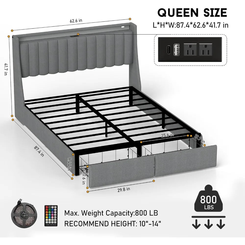 Queen Bed Frame with Headboard and 2 Storage Drawers, Platform Bed Frame Queen Size Upholstered with LED Lights and Charging Sta
